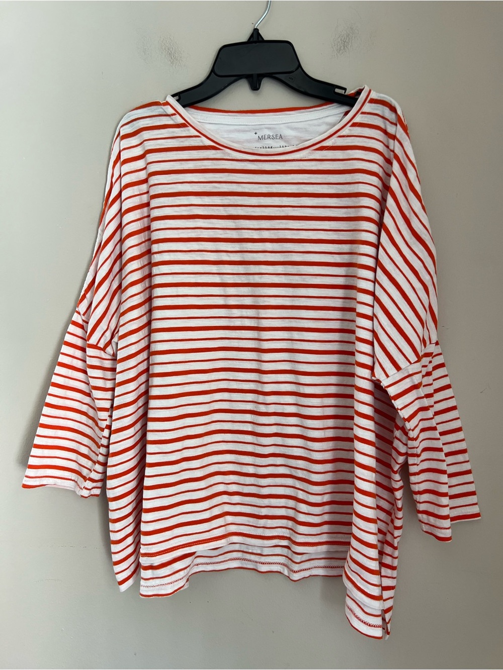 Mersea Orange Striped Catalina Slub Tee Women’s OS 3/4 Sleeve Side Slit Crewneck
